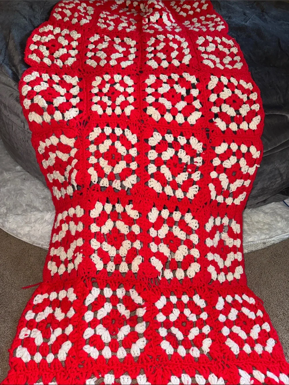 Hand Crafted Red and White Granny Square Crochet Throw Blanket